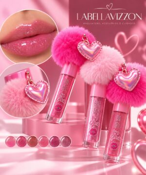 Lip Gloss Bobbi Rara com Pompom e Chaveiro de Coração